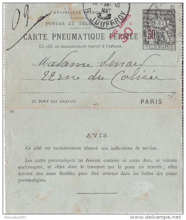 A27 - Entier Postal De France -  Carte Pneumatique Fermée Avec Taxe Réduite 30c - Télégraphe Oblitéré - 50c. Barré Noir - Pneumatiques