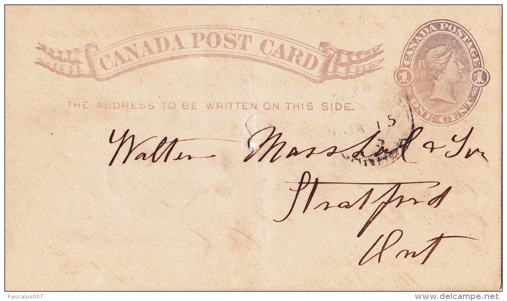 A27 - Entier Postal Du Canada -  Carte Postale Usagée De 1885 Stratford - Léger Pli Central. - 1860-1899 Regering Van Victoria