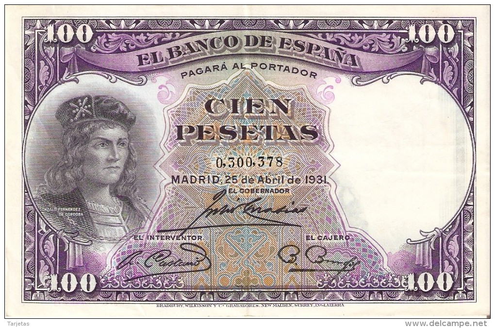 BILLETE DE ESPAÑA DE 100 PTAS DEL AÑO 1931 SIN SERIE - GONZALO DE CORDOBA CALIDAD MBC - 100 Pesetas