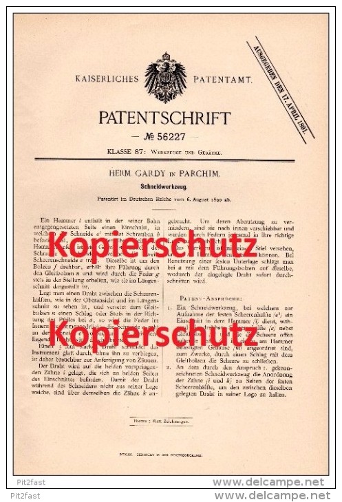 Original Patentschrift - Herm. Gardy In Parchim I. Meckl., 1890 , Schneidwerkzeug , Werkzeug , Mecklenburg !!! - Parchim