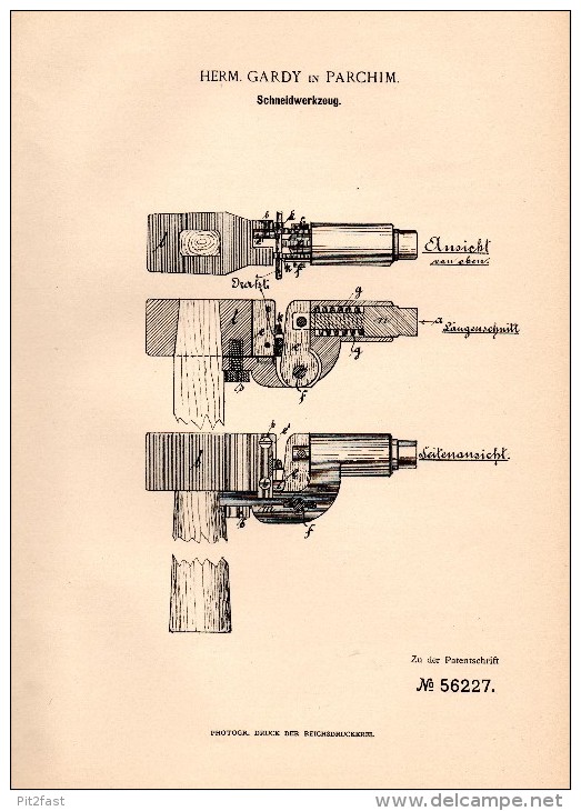 Original Patentschrift - Herm. Gardy In Parchim I. Meckl., 1890 , Schneidwerkzeug , Werkzeug , Mecklenburg !!! - Parchim
