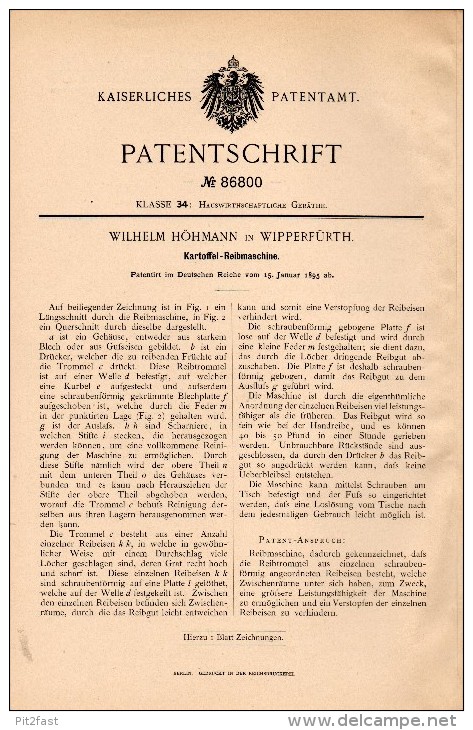 Original Patentschrift - Wilhelm Höhmann In Wipperfürth , 1895 , Kartoffel - Reibmaschine , Landwirtschaft !!! - Maschinen