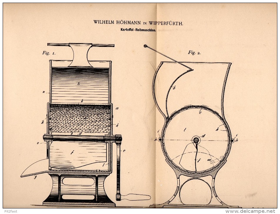 Original Patentschrift - Wilhelm Höhmann In Wipperfürth , 1895 , Kartoffel - Reibmaschine , Landwirtschaft !!! - Maschinen