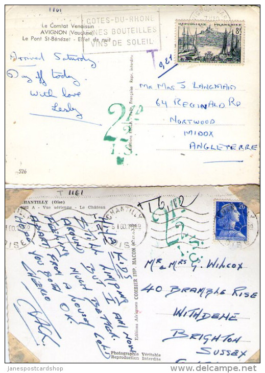 2 Postcards Sent To England With Foreign Charge Marks And French Stamps 1950's/1960's - Other & Unclassified