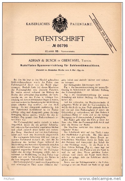 Original Patentschrift - Adrian & Busch In Oberursel , Taunus , 1895 , Sohlen - Nähmaschine , Schuster , Schuhmacher !!! - Maschinen