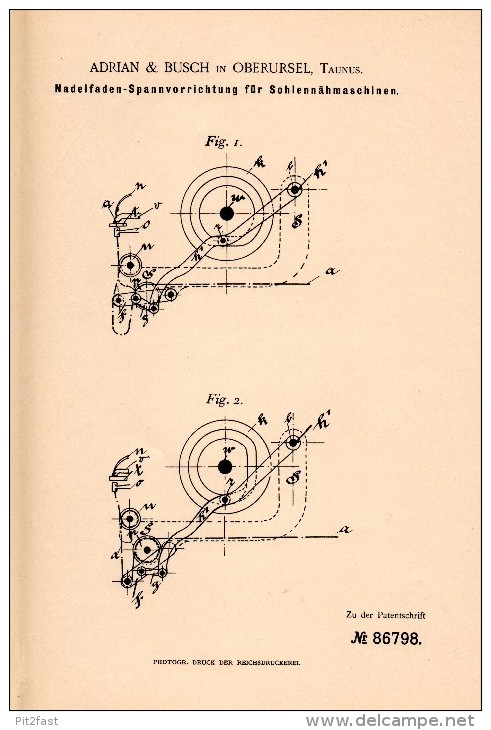 Original Patentschrift - Adrian & Busch In Oberursel , Taunus , 1895 , Sohlen - Nähmaschine , Schuster , Schuhmacher !!! - Maschinen