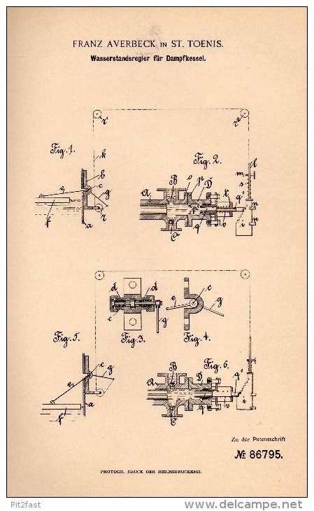 Original Patentschrift - Franz Averbeck In St. Tönis / Tönisvorst , 1895 , Wasserstandsregler Für Dampfkessel , Viersen - Maschinen