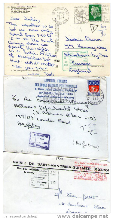 2 Covers - 1 Postcard - French Stamps - Boxed Surcharges - - Other & Unclassified