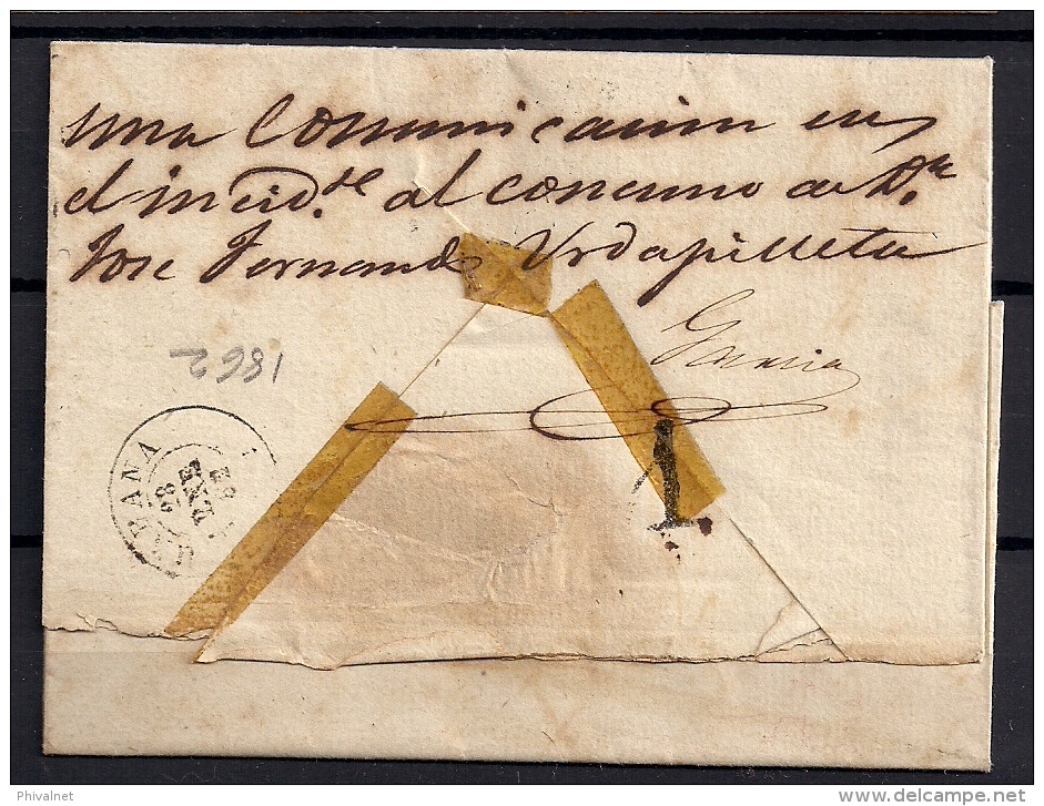 1862, CUBA, ENVUELTA CIRCULADA DE PINAR DEL RIO A LA HABANA,  PARRILLA COLONIAL, FECHADORES,PAPEL OFICIAL TIMBRE EN SECO - Voorfilatelie