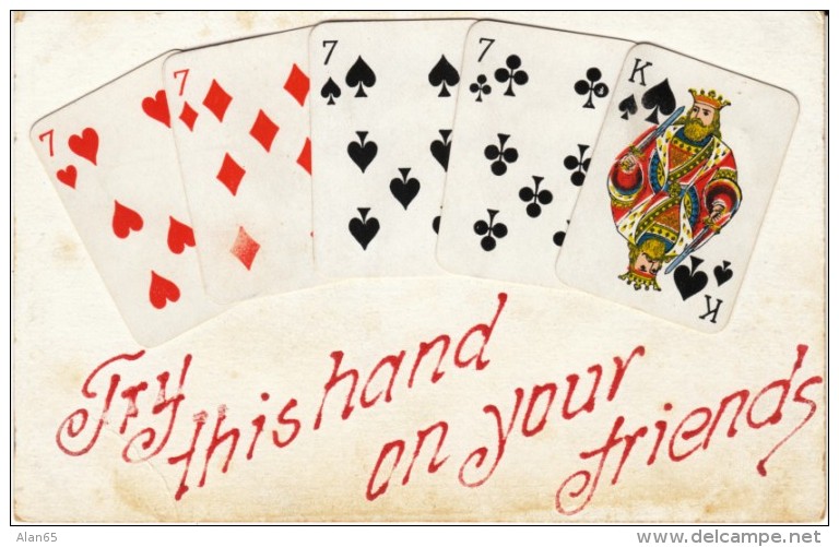 Playing Cards 4 'Sevens' And King Of Spades, C1910s Vintage Postcard - Spielkarten