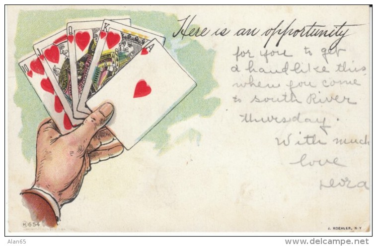 Playing Cards Royal Straight Flush Of Hearts, C1900s Vintage Postcard - Playing Cards