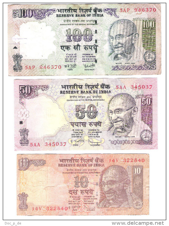 India - Indien - 3 Banknotes - 100 Rupees Letter S - 50 Rupees Letter R - 10 Rupees Letter S - India