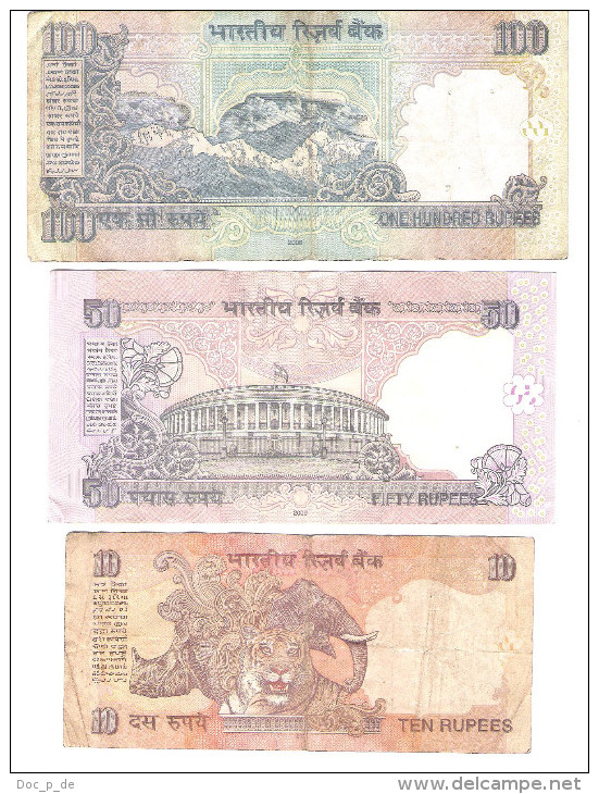 India - Indien - 3 Banknotes - 100 Rupees Letter S - 50 Rupees Letter R - 10 Rupees Letter S - Inde