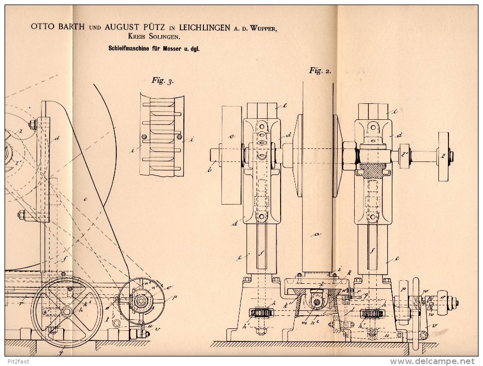 Original Patentschrift - Otto Barth Und A. Pütz In Leichlingen A.d. Wupper , 1895, Schleifmaschine Für Messer , Solingen - Maschinen