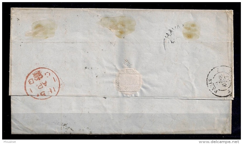 1857, CORREO MARÍTIMO, LA HABANA - PARIS, VIA INGLATERRA, MARCAS DE INTERCAMBIO FRANCO - BRITÁNICO - Préphilatélie