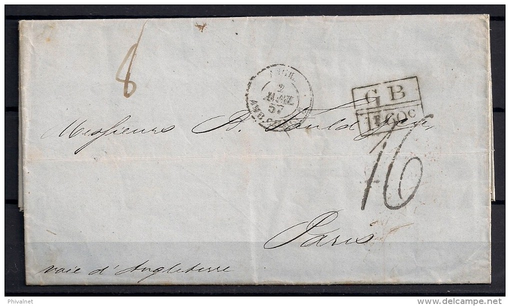 1857, CORREO MARÍTIMO, LA HABANA - PARIS, VIA INGLATERRA, MARCAS DE INTERCAMBIO FRANCO - BRITÁNICO - Prephilately