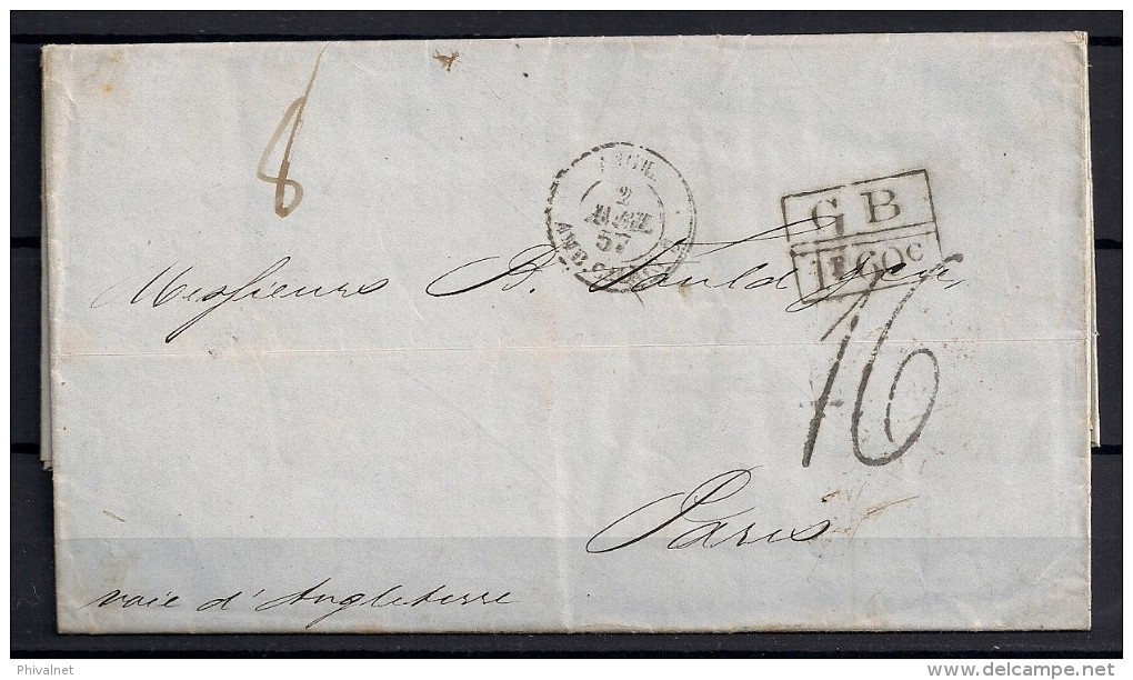 1857, CORREO MARÍTIMO, LA HABANA - PARIS, VIA INGLATERRA, MARCAS DE INTERCAMBIO FRANCO - BRITÁNICO - Prefilatelia