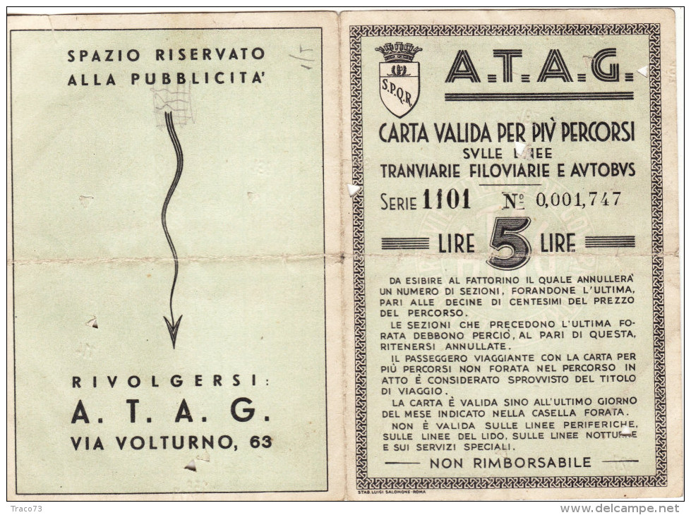 ROMA  /  A.T.A.G.  -  CARTA VALIDA PER PIU' PERCORSI SULLE LINEE TRANVARIE FILOVIARIE E AUTOBUS _ ANNO XXI - Europa