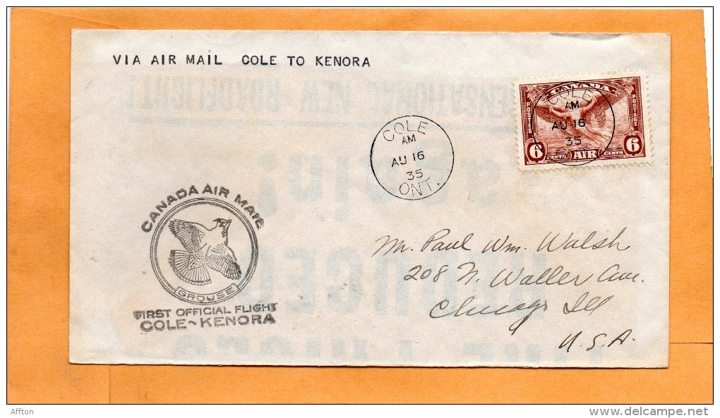 Cole To Kenora  Canada 1935 Air Mail Cover Mailed - Premiers Vols