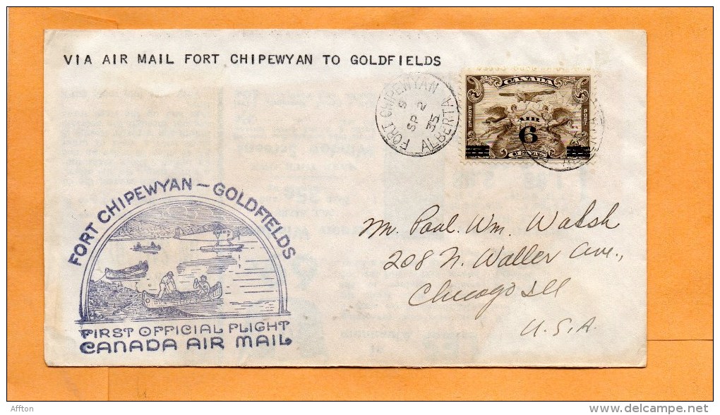 Fort Chipewyan To Goldfields Canada 1935 Air Mail Cover Mailed - Premiers Vols