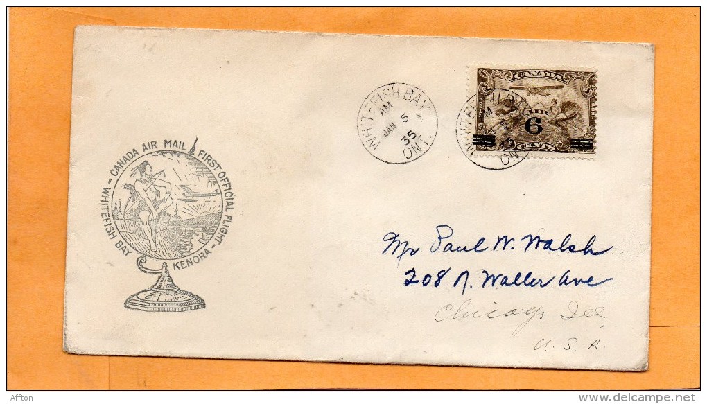 Kenora To Whitefish Bay Canada 1935 Air Mail Cover Mailed - First Flight Covers