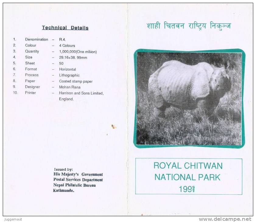 ASIAN RHINO CHITWAN NATIONAL PARK STAMP FOLDER FDC NEPAL 1991 MINT - Rhinoceros
