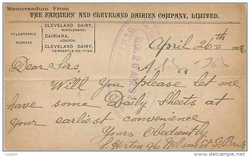 Entier Postal Postal Stationary Grande Bretagne Great Britain South Bank 1892 - Stamped Stationery, Airletters & Aerogrammes