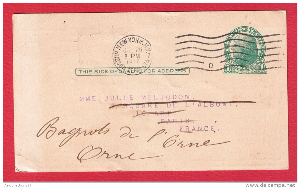 USA //  ENTIER POSTAL DE NEW YORK  //  POUR BAGNOL DE L ORNE   //  1917 - 1901-20