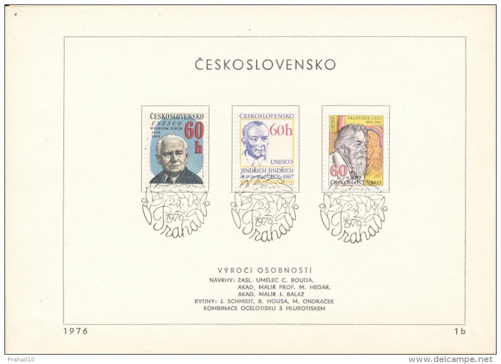 Czechoslovakia / First Day Sheet (1976/01 B) Praha: Wilhelm Pieck, Jindrich Jindrich, Frantisek Lexa (1876-1960), UNESCO - Egiptología