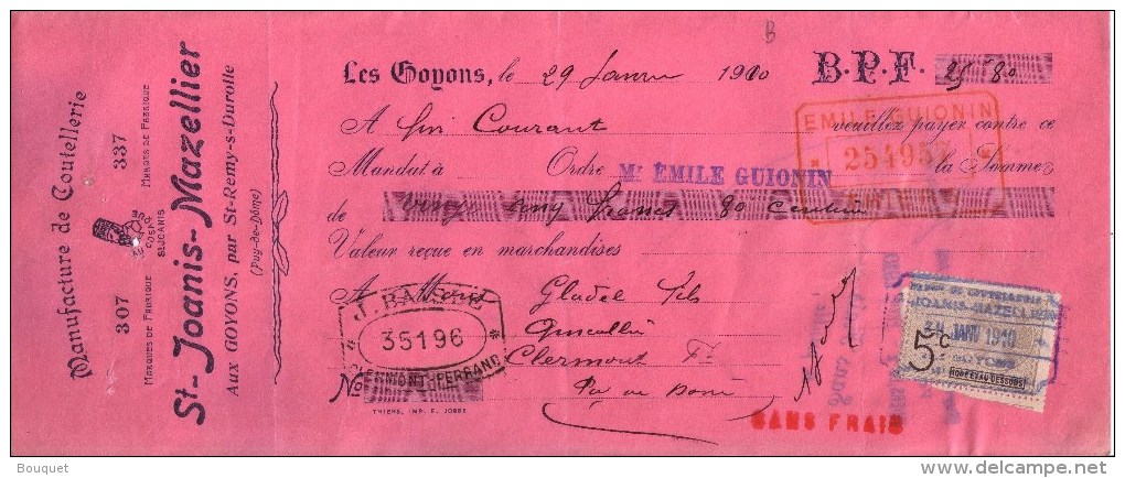 PUY DE DÔME - SAINT REMY SUR DUROLLE - MANUFACTURE DE COUTELLERIE - ST JOANIS MAZELLIER - MANDAT - 1910 - Lettres De Change