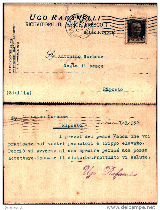 243)cart.postale.viagg  Pubblicità  Ugo Rafanelli Firenze . A Riposto Affr.30cent.imperiale  15.7.32 - Storia Postale