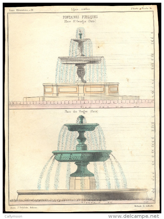 Planche (Vers 1850) - Fontaines Publiques, Place Des Vosges, Place St Georges, Paris. - Architecture