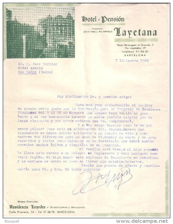 ESPAGNE - BARCELONA - BARCELONE - HÔTEL PENSION LAYETANA - LETTRE - 1960 - España