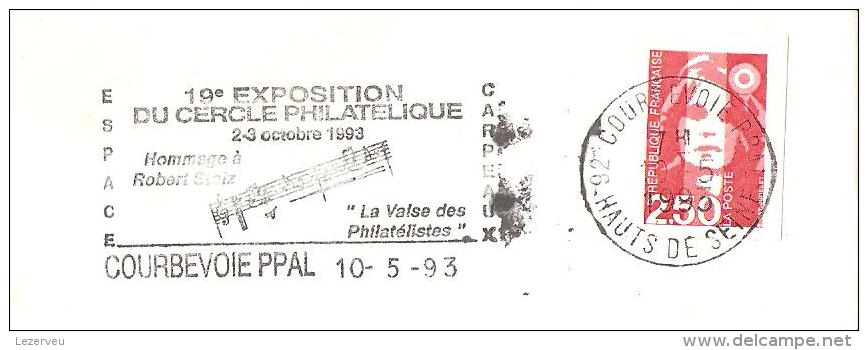CACHET OBLITERATION FLAMME EMA COURBEVOIE EXPOSITION CERCLE PHITALELIQUE ROBERT STOLZ VALSE PHILATELIST  ENVELOPPE 22X11 - 1961-....