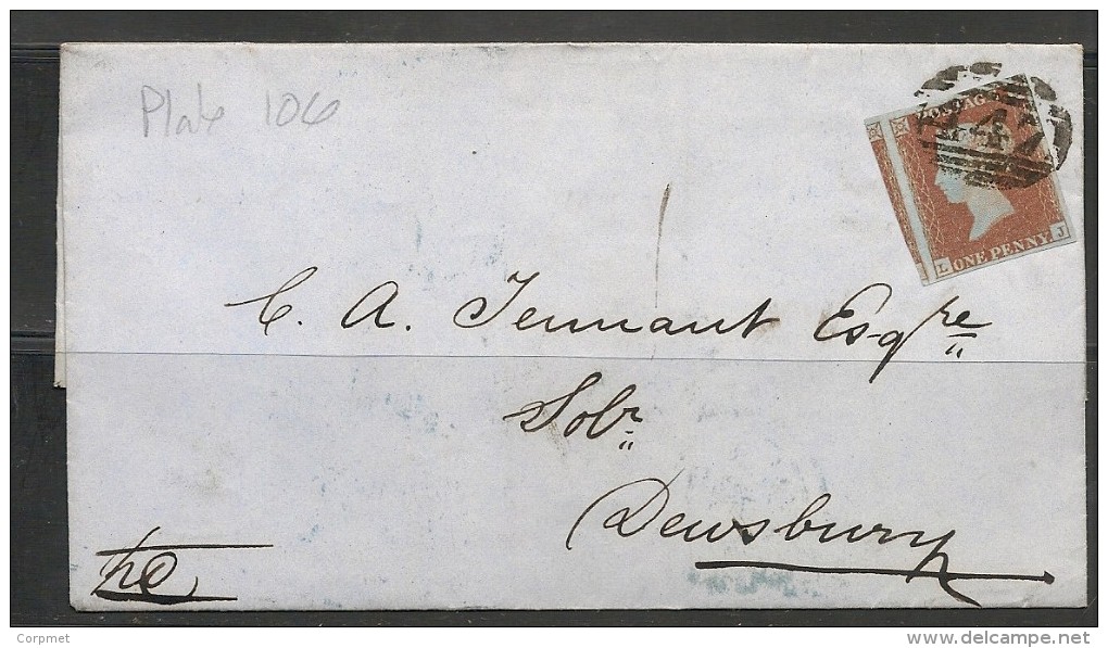 UK -  1851 ENTIRE COVER Paper BLUE - Plate 106 - Part Of Adjoining Stamp -to DEWSBURY - LEEDS &  WAKEFIELD Blue Cancels - Covers & Documents