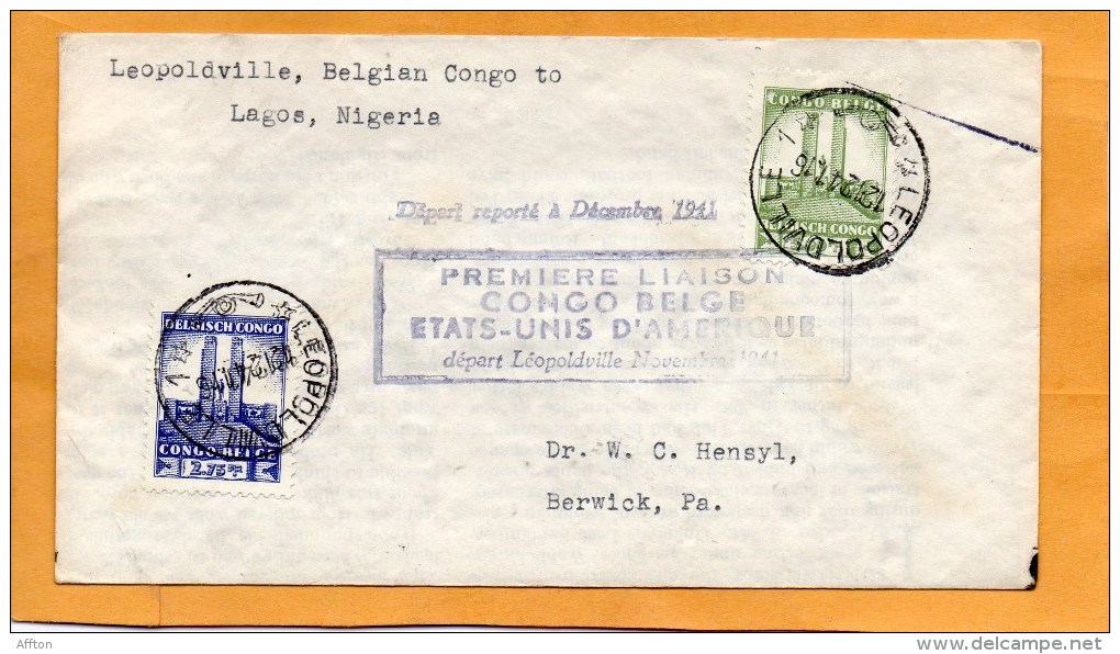 Belgian Congo Leopoldville To Lagos Nigeria 1941 Air Mail Cover Mailed - Storia Postale