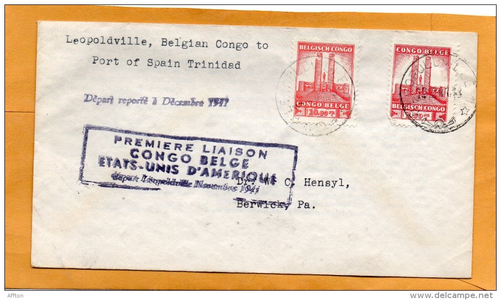 Belgian Congo Leopoldville To Port Of Spain Trinidad 1941 Air Mail Cover Mailed - Covers & Documents