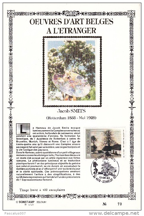 Carte Souvenir FDC Soie - COB 2462 - Sonstamp N°x FR - Série 575-577 - Tirage N°73 Sur 400 - Œuvres D'art Belges à L'étr - Souvenir Cards - Joint Issues [HK]