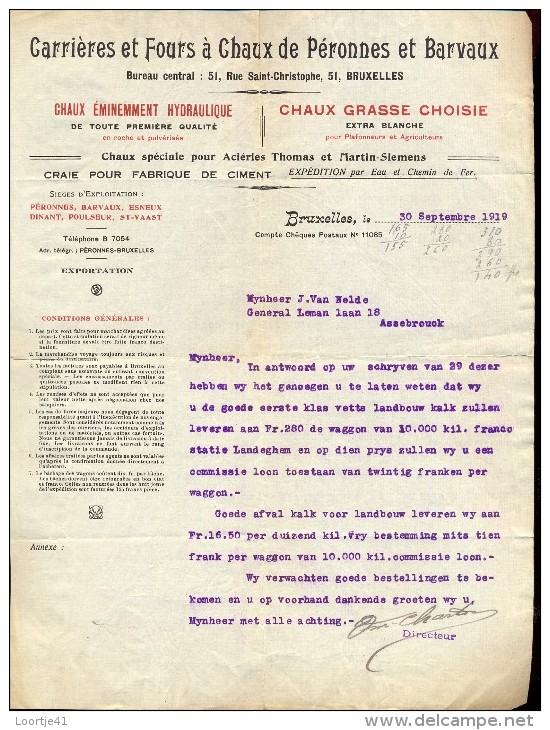 Factuur Facture Brief Lettre  - Carrières Et Fours à Chaux De Peronnes Et Barvaux - Bruxelles 1919 - 1900 – 1949