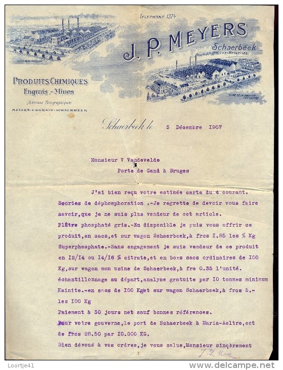 Factuur Facture Brief Lettre  - Produite Chimiques J.P. Meyers - Schaerbeek - Schaarbeek 1907 - 1900 – 1949