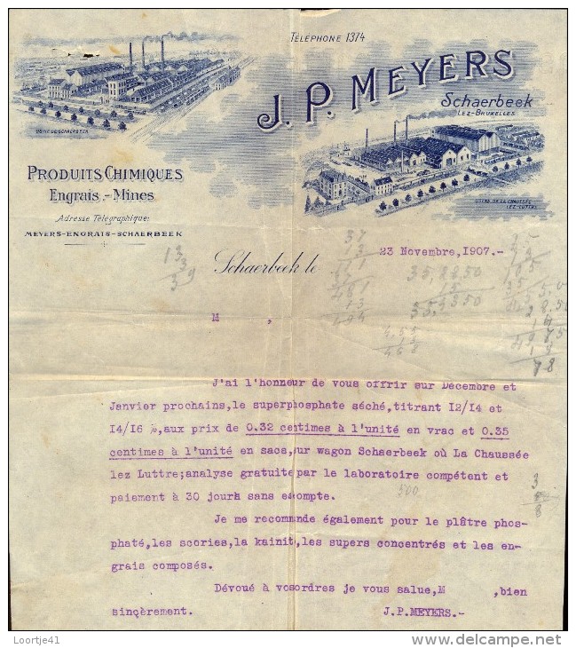 Factuur Facture Brief Lettre  - Produits Chimiques J.P. Meyers - Schaerbeek - Schaarbeek 1907 - 1900 – 1949