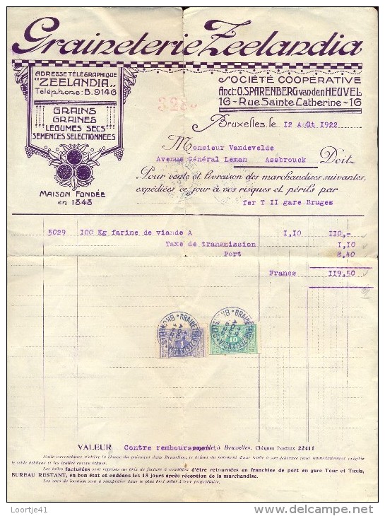 Factuur Facture Brief Lettre  - Graineterie Zeelandia - Bruxelles 1922 - 1900 – 1949