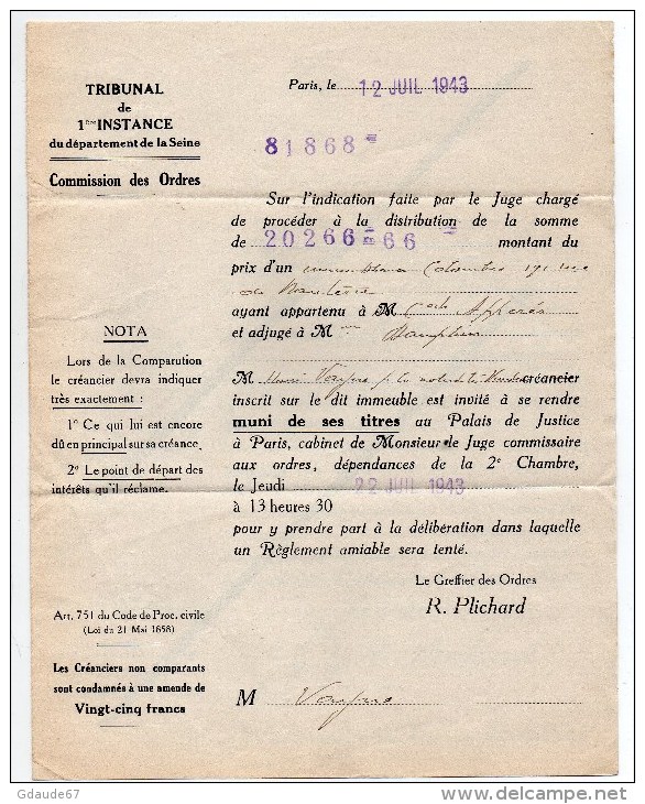 1943 - LETTRE RECOMMANDEE Du TRIBUNAL DE 1° INSTANCE -> REEXPEDIEE Avec CACHET "RETOUR A LA GRIFFE" - PETAIN - Cartas & Documentos