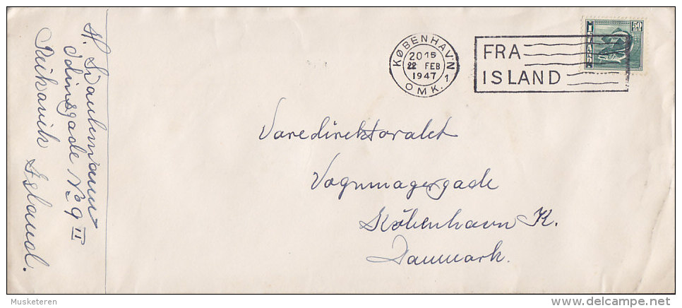 Iceland From REYKJAVIK Danish  'FRA ISLAND' KØBENHAVN Omk. 1947 Cancel Cover Brief KØBENHAVN K. 50 Aur Fish Fische Stamp - Brieven En Documenten