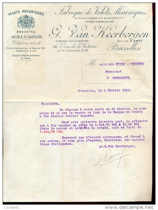 Factuur Facture Brief Lettre  - Fabrique De Volets G. Van Keerbergen - Bruxelles 1926 - 1900 – 1949