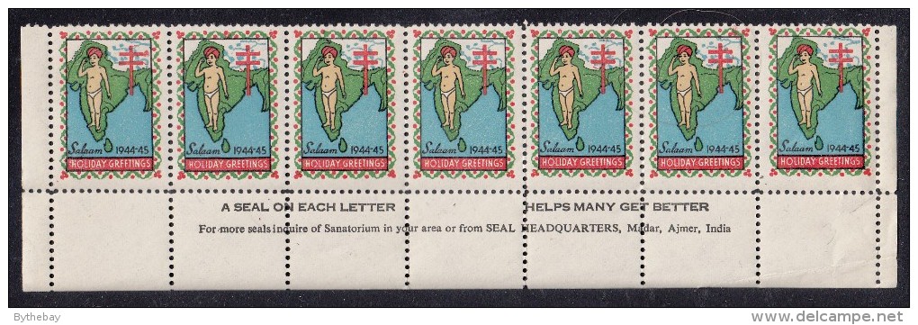 India 'Salaam 1944-45 Holiday Greetings' Seals Block Of 7 Plus Selvedge - Selvedge Crease - Timbres De Bienfaisance