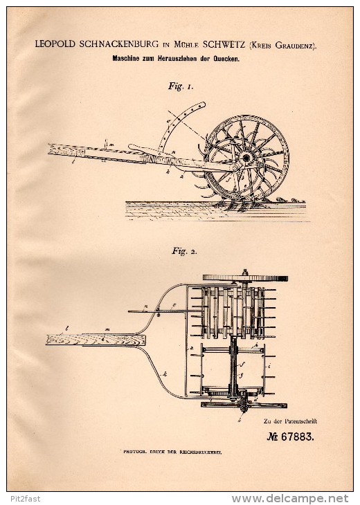 Original Patentschrift - L. Schnackenburg In Schwetz / &#346;wiecie Nad Os&#261; , 1892 , Maschine Für Quecken , Grauden - Maschinen