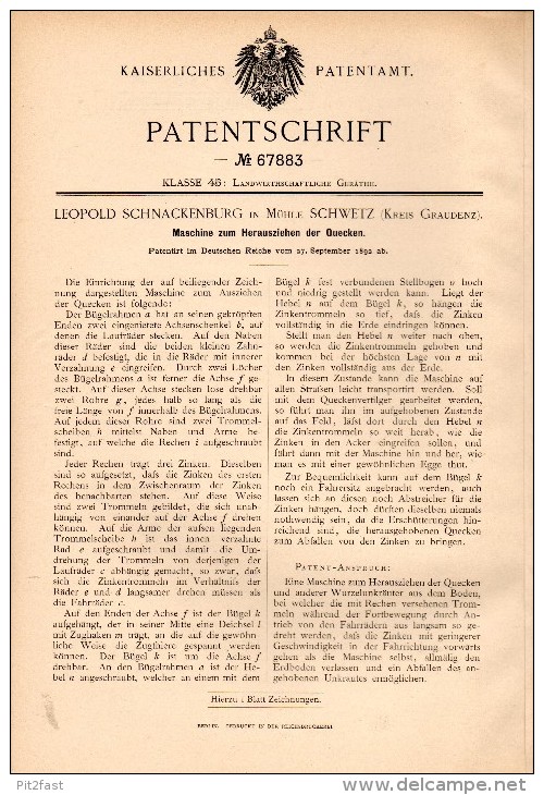 Original Patentschrift - L. Schnackenburg In Schwetz / &#346;wiecie Nad Os&#261; , 1892 , Maschine Für Quecken , Grauden - Maschinen