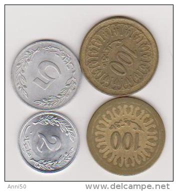 4 Münzen Von Tunesien, 2, 5, 100, 100 Dinar, 1960, 1983, Ansehen - Tunesië