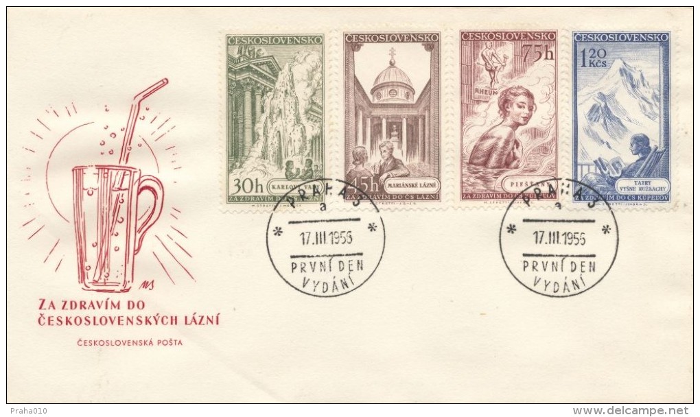 Czechoslovakia / First Day Cover (1956/03) Praha 3 (a): Czechosl. Spa - Karlovy Vary, Marianske Lazne, Piestany, Tatry - Thermalisme